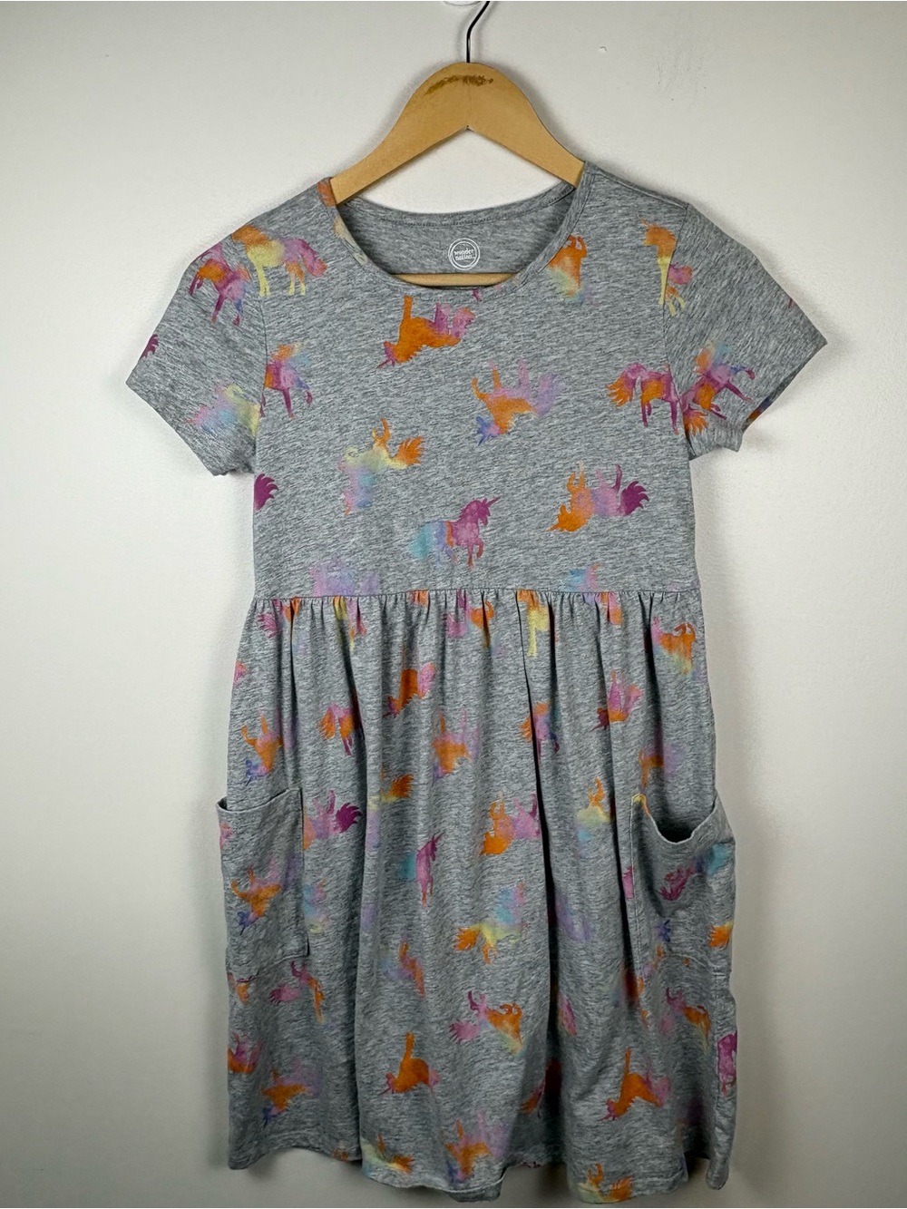 Wonder Nation Girls Gray Unicorn Dress, Size Large (10-12), Pockets, Casual